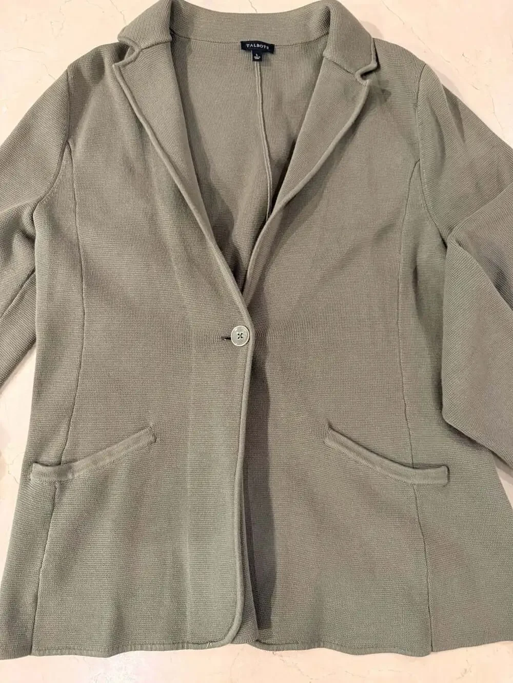 Talbots Women's Olive Green Cotton-Blend Knit Blazer with Button Cuffs